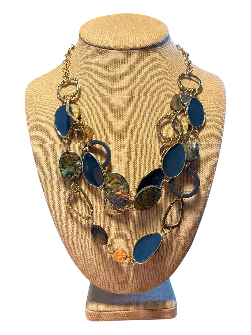 🔵 Gold-Tone Layered Necklace with Blue and Iridescent Accents ~ 20.5 Inches